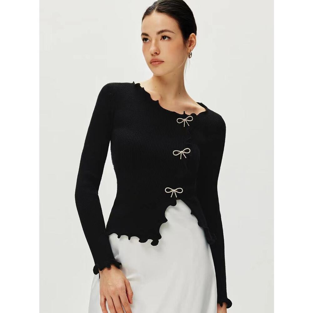 Commense Rhinestone Bow Lettuce Trim Chic Girly Black Stretch Sweater XL